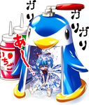  =_= bangs barefoot bird blue_dress blue_eyes blue_hair blush bottle bow bowtie cirno dress facing_viewer food_print hair_bow ice ice_shaver ice_wings minigirl open_mouth own_hands_together penguin red_bow red_neckwear shaved_ice short_hair simple_background sitting soles solo strawberry_print syrup themed_object touhou v_arms white_background wings yyukke 