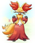 >w< absurd_res ambiguous_gender cheek_tuft collar delphox digital_media_(artwork) eyes_closed facial_tuft fetch front_view fur generation_6_pokemon happy hi_res inner_ear_fluff mouth_hold multicolored_body multicolored_fur nintendo pokemon pokemon_(species) red_body red_fur red_inner_ear_fluff simple_background smile smiling_at_viewer solo sparkles stick stick_in_mouth tail tail_motion tailwag tamix tuft white_body white_fur yellow_body yellow_fur