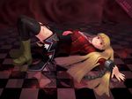  asmodeus blonde_hair blood boots chain checkered checkered_floor kou_(pixiv649607) long_hair lying necktie perspective pink_neckwear red_eyes solo stakes_of_purgatory thighhighs twintails umineko_no_naku_koro_ni 