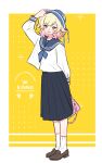  1girl :d aogu_yozora_ni_hoshi_wa_magirete_(project_sekai) arm_up artist_request bag black_skirt blonde_hair blue_hat blue_neckerchief blue_sailor_collar blush border brown_shoes commentary_request commission full_body gradient_hair hand_on_headwear hat highres holding holding_bag kneehighs loafers long_sleeves looking_at_viewer multicolored_hair neckerchief official_alternate_hairstyle open_mouth pink_bag pink_eyes pink_hair pleated_skirt project_sekai sailor_collar school_uniform second-party_source serafuku shirt shoes short_hair sidelocks skirt smile socks solo standing swept_bangs tenma_saki two_side_up watermark white_border white_shirt white_socks yellow_background 