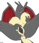 anthro anthrofied anus areola artist_name big_breasts biped boxollie breast_fondling breast_play breasts butt butt_from_the_front charizard colored countershade_crotch countershade_tail countershade_torso countershading digital_media_(artwork) fangs female female_anthro fondling generation_1_pokemon genitals hand_on_breast hi_res looking_at_viewer membrane_(anatomy) membranous_wings monotone_background nintendo nipples pokemon pokemon_(species) pokemorph presenting presenting_vulva self_fondle shiny_pokemon simple_background solo spread_legs spreading tail teeth text vulva white_background wings