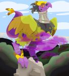 2026 animon_(lumentale) avian bag beak bird bodily_fluids cloud colorfulcannibalism_(artist) digital_media_(artwork) feral garbage_dump genitals gynomorph intersex looking_at_viewer lumentale musk musky_penis nude outside penis presenting presenting_penis purple_body red_eyes rock side_view sky smug solo sweat sweatdrop sweaty_genitalia sweaty_penis tapering_penis toony toxigall_(lumentale) trans_(lore) trash trash_bag trash_can yellow_body