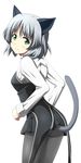  animal_ears ass black_legwear blush cat_ears cat_tail chokotto from_behind green_eyes looking_back military military_uniform pantyhose sanya_v_litvyak short_hair silver_hair skirt smile solo strike_witches tail uniform world_witches_series 