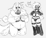 2_horns 4_fingers animal_humanoid anthro arf arm_tuft aroused big_tail blush bondage_gear boots bulge canid canid_humanoid canine canine_humanoid cheek_tuft clothing collar demon dog_humanoid duo elbow_tuft facial_tuft fingers footwear forsaken_(roblox) gimp_mask good_boy guest_666_(forsaken) harness hat headgear headwear hi_res hooves horn humanoid humanoidized kneeling koi_567 larger_anthro latex latex_boots latex_clothing latex_footwear leash leashed_collar long_tail male male/male mammal mammal_humanoid mask monochrome monster mostly_nude muzzle_(object) neck_tuft nonbinary_(lore) noob_(forsaken) overweight overweight_male praise shoes size_difference sketch smaller_humanoid smile tail tail_motion tailwag tuft unguligrade
