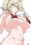  1girl absurdres artist_name bikini bikini_top_only blonde_hair bottomless breasts burnice_white commentary english_commentary highres large_breasts looking_at_viewer navel red_bikini red_eyes short_hair simple_background solo stomach swimsuit twintails white_background y_vezleapple zenless_zone_zero 