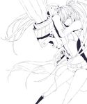 absurdres arm_cannon bad_id bad_pixiv_id belt bikini_top black_rock_shooter black_rock_shooter_(character) coat highres lineart long_hair midriff monochrome navel roku_(hikokeng) scar shorts solo transparent_background twintails very_long_hair weapon 