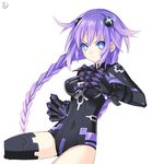  &gt;:( bangs black_legwear blue_eyes blush braid breasts choujigen_game_neptune claws cleavage_cutout covered_navel cowboy_shot fighting_stance frown gauntlets hair_ornament leotard long_hair long_sleeves magical_girl medium_breasts neon_trim neptune_(series) official_art power_symbol purple_hair purple_heart simple_background solo symbol-shaped_pupils thighhighs tsunako turtleneck twin_braids v-shaped_eyebrows very_long_hair watermark white_background 