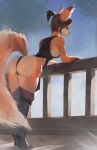 2026 absurd_res anthro arched_back arm_tuft balcony bangs big_butt breasts brown_hair butt canid canine clothing colored detailed_background digital_drawing_(artwork) digital_media_(artwork) eyebrows eyelashes facial_tuft female female_anthro fluffy fluffy_tail fox full-length_portrait fur hair hi_res hip_tuft inner_ear_fluff leaf legwear looking_down mammal medium_breasts one_piece_suit orange_body orange_fur plant ponytail portrait pose pupil rear_view red_eyes shaded shoulder_tuft sky skyscape snout solo standing surge09 tail thick_thighs thigh_highs tiptoes tree tuft