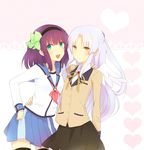  angel_beats! angel_wings bad_id bad_pixiv_id blazer green_eyes hair_ornament hair_ribbon hairband heart jacket long_hair multiple_girls necktie purple_hair ribbon school_uniform serafuku short_hair silver_hair skirt tayako tenshi_(angel_beats!) thighhighs wings yellow_eyes yuri_(angel_beats!) 