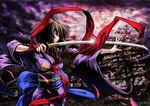  blue_eyes bow breasts brown_hair feathers full_moon house japanese_clothes kara_no_kyoukai kimono large_breasts moon nagumo_(qmzp10) ribbon ryougi_shiki short_hair solo sword tree weapon 