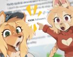 2026 almond_(waspsalad) anthro black_eyeliner black_nose blonde_hair blue_clothing blue_hat blue_headwear blue_overalls breasts brown_eyebrows buckteeth chest_tuft cleavage cleavage_cutout clothed clothed_anthro clothed_female clothing colored cutout deer digital_media_(artwork) duo ear_tuft ears_up english_text eyebrow_through_hair eyebrows eyelashes eyeliner female fluffy_ears follower_celebration follower_number freckled_face freckles fur gesture green_eyes hair hand_gesture hat headgear headwear heart_nose heart_symbol hi_res keyhole_turtleneck lagomorph leporid looking_at_viewer makeup mammal medium_hair meme open_mouth overalls pink_ears pointing pointing_back pupils rabbit rabbit_ears red_clothing red_eyes red_mouth red_sweater red_topwear red_turtleneck screencap screencap_background shirt signature simple_background snout soyjak sweater tan_body tan_ears tan_fur teeth text tongue topwear torpor_(waspsalad) translucent translucent_hair triangle_nose tuft turtleneck two_soyjaks_pointing waspsalad white_background white_body white_clothing white_ears white_fur white_sclera white_shirt white_topwear