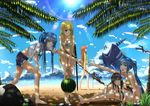  bad_id bad_pixiv_id barefoot beach bikini black_hair blonde_hair blue_eyes blue_hair breasts brown_hair casual cleavage dappled_sunlight denim denim_shorts food fruit harpoon heterochromia highres legs lens_flare long_hair long_legs medium_breasts multiple_girls navel net open_clothes open_mouth open_shirt original palm_tree red_eyes shade shirt shorts sun sunlight swimsuit swordsouls thighs tree tree_shade water watermelon whale yellow_eyes 