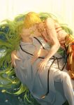  1boy 1other absurdres androgynous arm_around_shoulder blonde_hair chest_tattoo chinese_commentary closed_eyes closed_mouth commentary_request earrings emalfire enkidu_(fate) fate/grand_order fate_(series) flower gilgamesh_(fate) grass green_hair hand_on_another's_stomach highres implied_yaoi jewelry lying necklace on_back other_with_male own_hands_together pants robe stomach_tattoo tattoo topless_male white_flower white_pants white_robe yellow_flower 