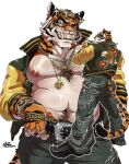 anthro balenciaga belt boots bottomwear catclawcaramel clock clothing epic_games eyebrows eyewear fangs felid footwear fortnite fur hi_res jacket jewelry male mammal markings navel necklace nipples oscar_(fortnite) pantherine pants pecs shoes simple_background solo striped_body striped_fur striped_markings striped_tail stripes sunglasses tail tail_markings teeth tiger topwear versace watch white_background yellow_sclera