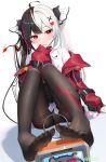  ahoge arm_support black_choker black_hair black_pantyhose black_skirt blush choker commentary_request covering_own_mouth demon_tail double-parted_bangs full_body hair_ornament hand_up heart heart_hair_ornament highres jacket lacrimosa_(nte) long_hair looking_at_viewer multicolored_hair nail_polish neverness_to_everness no_shoes off_shoulder open_clothes open_jacket panties panties_under_pantyhose pantyhose red_eyes red_jacket red_nails shirt signature sironora sitting skirt soles tail taygedo_(nte) thighband_pantyhose toenail_polish toenails twintails two-tone_hair underwear very_long_hair white_hair white_panties white_shirt x_hair_ornament 