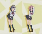  animated animated_gif blue_hair dancing etorofu_kujira kurio_nene legs long_hair lowres multiple_girls penguin_musume pink_hair school_uniform short_hair skirt smile the_monkey yellow_background 