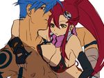  1girl bare_shoulders bikini_top blue_hair breast_press breasts couple hair_ornament hairclip hetero holding hug kamina large_breasts red_hair sako shirtless tattoo tengen_toppa_gurren_lagann yellow_eyes yoko_littner 