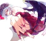  barefoot blue_hair dress face feet fetal_position garter_straps grin hands hat leg_hug licking_lips lips off_shoulder plantar_flexion red_eyes remilia_scarlet slit_pupils smile solo soono_(rlagpfl) strap_slip thighhighs tongue tongue_out touhou wings wrist_cuffs 