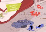2023 absurd_res anthro avian between_toes bird canid canine canis car clothing colored_sketch cracked_ground crush crushed_vehicle domestic_dog dudenahuel english_text feet fingerless_gloves gloves group handwear hi_res lagomorph larger_male leporid macro male mammal police police_car police_cruiser police_officer police_tap police_vehicle procyonid rabbit raccoon richard_(dudenahuel) screaming size_difference sketch smaller_male stepped_on stuck_between_toes text toes traffic_cone vehicle