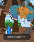3_toes 4:5 abs absurd_res anthro armpit_tuft avian beak big_feet big_muscles bird blue_body blue_feathers blush breath_of_the_wild chest_tuft crotch_tuft dialogue dialogue_box duo english_text falcon falconid feathers feet fuenmax greeting hi_res huge_muscles kass_(tloz) male muscular muscular_anthro muscular_legs muscular_male nintendo open_beak open_mouth outside pecs rito rito_village size_difference tail tail_feathers talons text the_legend_of_zelda toes tongue tuft watermark white_body white_feathers winged_arms wings yellow_body yellow_feathers