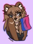 anthro berketex bisexual_pride_colors black_clothing black_topwear black_tube_top blue_eyes brown_body brown_fur brown_nose bust_portrait canid canine clothing dhole ear_tuft emma_(berketex) female flag flag_(object) flag_in_mouth fur hair hi_res holding_flag holding_object inner_ear_fluff lgbt_pride mammal markings messy_hair mole_(marking) multicolored_body multicolored_fur orange_body orange_fur orange_hair portrait pride_colors snaggle_tooth solo topwear tube_top tuft white_inner_ear_fluff