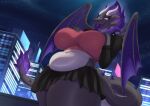 2026 anthro artist_name belly belly_overhang belly_rolls big_belly big_breasts black_body black_scales blush bottomwear breasts building city city_background clothed clothing cosmic_fur cosmic_hair cosmic_wings crop_top curvy_figure deep_navel digital_media_(artwork) dragon ethereal_hair eyelashes female fur glistening glistening_belly glistening_body glistening_eyes grey_body grey_horn grey_scales hair hand_on_breast harnny horn huge_breasts jacket looking_up low-angle_view midriff miniskirt multicolored_body multicolored_scales mythological_creature mythological_scalie mythology navel night no_pupils non-mammal_breasts non-mammal_navel open_mouth open_smile outside overweight overweight_anthro overweight_female potbelly purple_body purple_fur purple_hair purple_sclera scales scalie shirt skirt sky slightly_chubby slightly_chubby_anthro slightly_chubby_female smile solo spiked_tail spikes spikes_(anatomy) standing star starry_sky tail text thick_thighs tight_clothing topwear two_tone_body two_tone_scales ventral_scales voluptuous voluptuous_anthro voluptuous_female white_eyes wide_hips wings