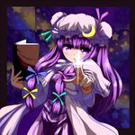  book crescent fingers hat ishikkoro long_hair magic patchouli_knowledge pointing purple_eyes purple_hair solo touhou 