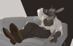 absurd_res anthro belt beverage black_body black_fur bottomwear breath clock clothed clothing collared_shirt dress_shirt ear_piercing ear_stud footwear fur furniture grey_body grey_fur hand_behind_head hi_res holding_glass holding_object lagomorph leporid male male_anthro mammal muscular muscular_anthro muscular_male on_sofa open_clothing open_shirt open_topwear pants pecs piercing rabbit remulle_(artist) shirt shoes sofa solo topwear watch whisker_spots wristwatch