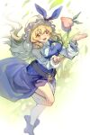  1girl belt black_belt blonde_hair blue_boots blue_dress blue_ribbon blush boots breasts chinese_commentary commentary_request dress food fruit hat hat_ribbon highres large_breasts leg_up long_hair long_sleeves mob_cap open_mouth peach red_eyes ribbon shirt shouxishao_jiuyuan side_slit single_strap smile solo sparkle touhou watatsuki_no_toyohime white_hat white_shirt 