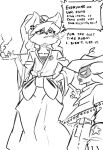 accessory angry annoyed anthro argument asian_clothing bell bow_ribbon canid canine ceroba_ketsukane cheek_tuft clenched_teeth clothed clothing cowboy cowboy_hat cowboy_outfit cross-popping_vein crossover dialogue duo ear_tuft east_asian_clothing emblem english_text facial_tuft female fishnet_clothing fishnet_topwear fox gesture hair_accessory hand_gesture hand_on_hip hat headgear headwear hi_res holding_object holding_smoking_pipe japanese_clothing kimono larger_female looking_down looking_down_at_another male mammal markings meme monochrome monster pointing pointing_at_another poncho profanity sash shadowed_eyes size_difference smoke smoke_from_mouth smoking smoking_pipe snoutless speech_bubble standing star_(marking) starlo_(undertale_yellow) tall teeth text topwear tuft undertale undertale_(series) undertale_yellow unknown_species uno wide_hipped_anthro wide_hipped_female wide_hips