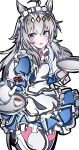  1girl absurdres ahoge animal_ears apron black_shoes blue_dress blue_eyes blush commentary_request cup dress grey_hair hair_between_eyes hair_ornament hairband highres holding holding_tray horse_ears horse_girl kikkasoon long_hair long_sleeves maid maid_apron maid_headdress multicolored_hair oguri_cap_(umamusume) open_mouth shoes simple_background solo sweat teacup teapot thighhighs tray umamusume white_apron white_background white_headdress white_thighhighs 