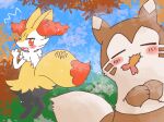 2022 ambiguous_anthro ambiguous_feral ambiguous_gender annyui0611 anthro biped blush braixen canid detailed_background digital_drawing_(artwork) digital_media_(artwork) dipstick_tail duo eating eating_food feral food front_view furret generation_2_pokemon generation_6_pokemon hi_res japanese_description looking_at_another looking_back looking_back_at_another mammal markings nintendo open_mouth outside pokemon pokemon_(species) rear_view shocked shrimp_(food) standing tail tail_markings translated_description