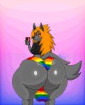 2026 absurd_res anthro balls_outline big_bulge big_butt biped bubble_butt bulge bulge_from_behind butt canid canid_demon canine canis cellphone clothing dash_(mgdire671) demon detailed_bulge digital_media_(artwork) electronics eyelashes femboy fur genital_outline grey_body grey_fur hair hellhound hellwolf hi_res holding_cellphone holding_object holding_phone holding_smartphone huge_butt lgbt_pride lgbt_pride_month looking_at_viewer male male_anthro mammal mgdire671 multicolored_clothing multicolored_panties multicolored_underwear mythological_canine mythological_creature mythology nails orange_hair panties phone rainbow_clothing rainbow_panties rainbow_underwear red_sclera smartphone solo sweater tail thick_thighs topwear underwear white_eyes wide_hips wolf