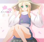  blonde_hair blue_dress blush dress flower frog green_eyes hair_ribbon hand_on_headwear hat kimitoshiin legs moriya_suwako reika_(clovia_studio) ribbon sitting solo thighs touhou 