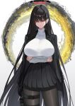  1girl arms_under_breasts belt black_hair black_halo black_jacket black_pantyhose black_skirt blue_archive breasts bright_pupils buckle closed_mouth commentary covered_collarbone cowboy_shot crossed_arms expressionless gradient_background grey_background hair_behind_ear hair_ornament hairclip halo highres holster impossible_clothes jacket jacket_on_shoulders large_breasts long_hair looking_at_viewer millennium_science_school_logo miniskirt multicolored_halo pantyhose pleated_skirt red_eyes red_halo ringed_eyes rio_(blue_archive) skirt snap-fit_buckle solo standing straight_hair suigetu26 sweater sweater_tucked_in thigh_belt thigh_holster thigh_strap tsurime turtleneck turtleneck_sweater two-tone_halo very_long_hair white_background white_pupils white_sweater 
