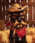 2023 4:5 alexpahomov ambiguous_gender barn black_body black_fur black_nose canid canine canis clothing cowboy cowboy_hat digital_media_(artwork) digital_painting_(artwork) domestic_dog feral fur hat hay hay_bale headgear headwear hi_res mammal markings object_in_mouth orange_eyes painting_(artwork) quadruped solo tan_body tan_fur wall_(structure) wheat wheat_in_mouth white_markings wood wood_wall