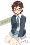  bad_id bad_pixiv_id brown_eyes brown_hair glasses k-on! kneeling manabe_nodoka no_shoes red-framed_eyewear school_uniform semi-rimless_eyewear short_hair solo under-rim_eyewear yoshioka_mitsuko 