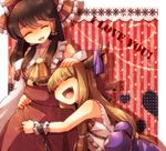  bad_id bad_pixiv_id black_hair bow chain closed_eyes cuffs detached_sleeves fang gourd hair_bow hakurei_reimu hand_on_head horns hug ibuki_suika long_hair mika_(1020mk) multiple_girls necktie orange_hair petting smile touhou 