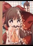  :q bad_id bad_pixiv_id bow brown_eyes brown_hair camera cream_(nipakupa) detached_sleeves facial_hair fake_facial_hair fake_mustache hair_bow hakurei_reimu hat mirror multiple_girls paparazzi reflection shameimaru_aya short_hair tokin_hat tongue tongue_out touhou 