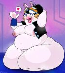 2026 anthro areola arms_bent artist_name barbell_piercing bent_legs big_breasts black_clothing black_eyebrows black_hair black_topwear black_vest blue_wristband blush blush_lines bottom_heavy bottomless bottomless_anthro bottomless_female breasts buckteeth cel_shading clothed clothed_female clothing colored crossover curvy_figure digital_drawing_(artwork) digital_media_(artwork) english_description eyebrows eyelashes eyewear eyewear_on_head female female_anthro fur goggles goggles_on_head hair hair_bun hand_behind_head hand_pawpads heart_symbol hi_res huge_thighs lagomorph lidded_eyes light lighting lips long_ears mammal mario_bros mario_plus_rabbids_sparks_of_hope markings mitten_hands mole_(marking) mole_on_breast momma_(mario_plus_rabbids) musky_armpit nintendo nipple_barbell nipple_piercing nipples noseless obese obese_anthro obese_female open_clothing open_mouth open_smile open_topwear open_vest overweight overweight_anthro overweight_female pawpads piercing pink_areola pink_inner_ear pink_lips pink_nipples pink_tongue pinup pose purple_eyelids purple_wall rabbid raving_rabbids rayman_(series) shaded smile solo speech_bubble tan_pawpads teeth text thick_lips thick_thighs tongue topwear trenchgazer ubisoft vest wall_(structure) white_body white_fur wide_hipped_anthro wide_hipped_female