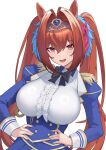  1girl absurdres animal_ears antenna_hair black_bow black_bowtie blue_jacket blue_skirt bow bowtie breasts brown_hair center_frills center_opening commentary_request daiwa_scarlet_(peak_blue)_(umamusume) daiwa_scarlet_(umamusume) epaulettes fang framed_breasts frills gold_trim hair_between_eyes hair_bow hair_intakes hair_ornament hands_on_own_hips highres horse_ears horse_girl jacket juliet_sleeves large_breasts long_sleeves looking_at_viewer open_mouth puffy_sleeves red_bow red_eyes simple_background skin_fang skirt smile solo tiara twintails umamusume underbust upper_body white_background yomi1221 