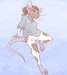 anthro bottomless bottomless_anthro bottomless_female brown_body brown_fur buckteeth clothed clothing female fur gavbat genitals green_eyes hair mammal murid murine ponytail pose rat rodent shirt shirt_only simple_background solo t-shirt teeth topwear topwear_only vulva whiskers