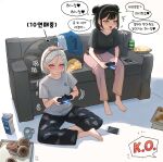  2girls absurdres anger_vein angry bag_of_chips barefoot black_hair black_pants black_shirt blush breasts can cellphone clenched_teeth coffee_mug commentary controller couch cup death_hammer_chouloky double_bun drink_can drink_carton food game_controller green_eyes grey_hair grey_shirt hair_bun hairband highres holding holding_controller indian_style korean_commentary korean_text milk_carton mug multiple_girls ohaaang on_couch open_mouth pants phone pink_eyes pink_pants playing_games shirt short_hair short_sleeves sirian_rain sitting smartphone speech_bubble t-shirt teeth translation_request virtual_youtuber waktaverse white_hair white_shirt 