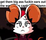 2026 :< anthro big_ears blurred_background breaking_the_fourth_wall caption cheek_tuft clothed clothing cloudidoodles coat digital_drawing_(artwork) digital_media_(artwork) english_text facial_tuft female front_view frown fur get_them_bigass_ears_out_of_the_caption headshot_portrait hi_res humor mammal meme mina_(mina_the_hollower) mina_the_hollower mouse murid murine narrowed_eyes notched_ear portrait profanity red_clothing red_coat red_topwear rodent solo tail text topwear tuft white_body white_fur yacht_club_games