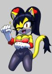 anthro armwear black_body black_bodysuit black_clothing black_fur black_hair black_nose black_skinsuit bodysuit breasts cleavage clothed clothing cosplay dipstick_tail domestic_cat elbow_gloves eyelashes fangs felid feline felis female front_view fur gloves grey_background hair handwear honey_the_cat looking_at_viewer mammal markings navel_outline one_eye_closed open_mouth open_smile orange_eyes pigtails rouge_the_bat sega simple_background skinsuit smile solo sonic_the_fighters sonic_the_hedgehog_(series) tail tail_markings tan_body tan_fur teeth thecakeee thick_thighs tight_clothing white_clothing white_gloves white_handwear wide_hips wink winking_at_viewer yellow_body yellow_fur