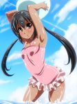  :o armpits arms_up ball black_hair blush brown_eyes cloud day holding k-on! long_hair nakano_azusa satsuki_imonet sky solo tan twintails wading water wet wet_clothes 