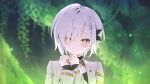  1girl artist_request black_bow black_choker black_shirt blush bow braid braided_bangs choker closed_mouth eyes_visible_through_hair game_asset hair_bow hair_over_one_eye ichijo_shirona jacket light_smile looking_at_viewer muv-luv muv-luv_girls_garden official_art open_clothes open_jacket shirt short_hair solo third-party_source upper_body white_hair yellow_eyes 