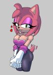 amy_rose anthro armwear black_bodysuit black_clothing black_nose black_skinsuit bodysuit breasts cleavage clothed clothing cosplay elbow_gloves eulipotyphlan eyelashes eyeshadow female front_view fur gloves green_eyes grey_background handwear heart_symbol hedgehog lipstick looking_at_viewer makeup mammal navel_outline pink_body pink_eyeshadow pink_fur pink_lipstick rouge_the_bat sega simple_background skinsuit smile solo sonic_the_hedgehog_(series) tail tail_motion tailwag tan_body tan_fur thecakeee thick_thighs tight_clothing white_clothing white_gloves white_handwear wide_hips