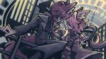  2boys against_railing animal_ears artist_name belt black_coat braid building camellia_(cametek) camellia_(musician) coat commentary covered_eyes fox_ears fox_tail grey_background hand_on_railing highres long_hair multiple_boys muted_colors necktie obi on_railing pink_hair railing red_hair red_necktie sash selfcest selfcest_without_self signature sound_wave spinnyternally tail trench_coat twin_braids waveform 