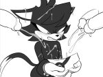 4chan_anon angry anthro blush bodily_fluids bowl container cum cum_all_over cum_covered cum_in_bowl cum_in_container cum_in_hair cum_on_body dark_body dark_fur disembodied_penis domestic_cat ejaculation fan_character felid feline felis fur genital_fluids genitals group hair humanoid_genitalia humanoid_penis male male/male mammal messy monochrome penis raven_the_cat simple_background trio white_background
